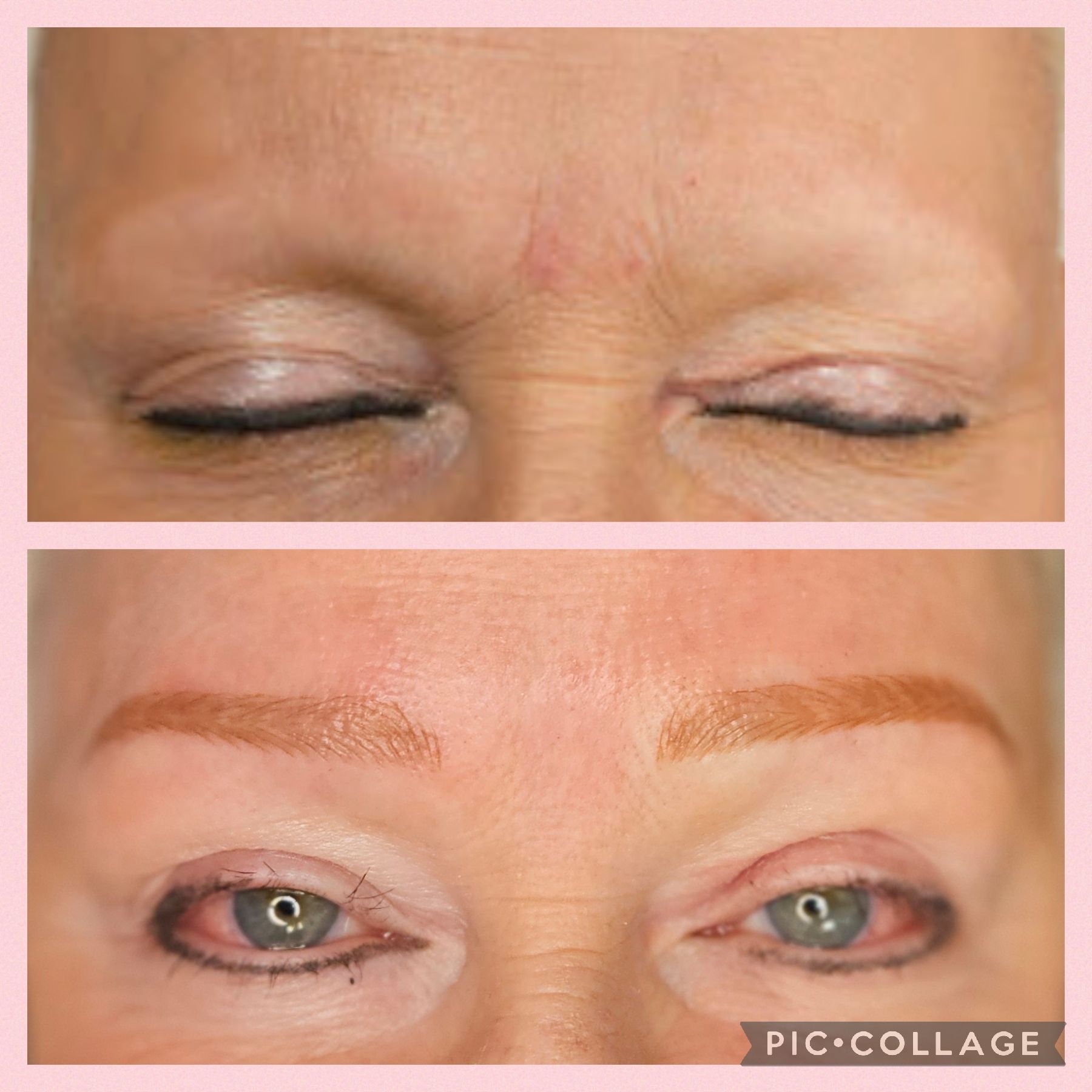 A before and after picture of a woman 's eyebrows.