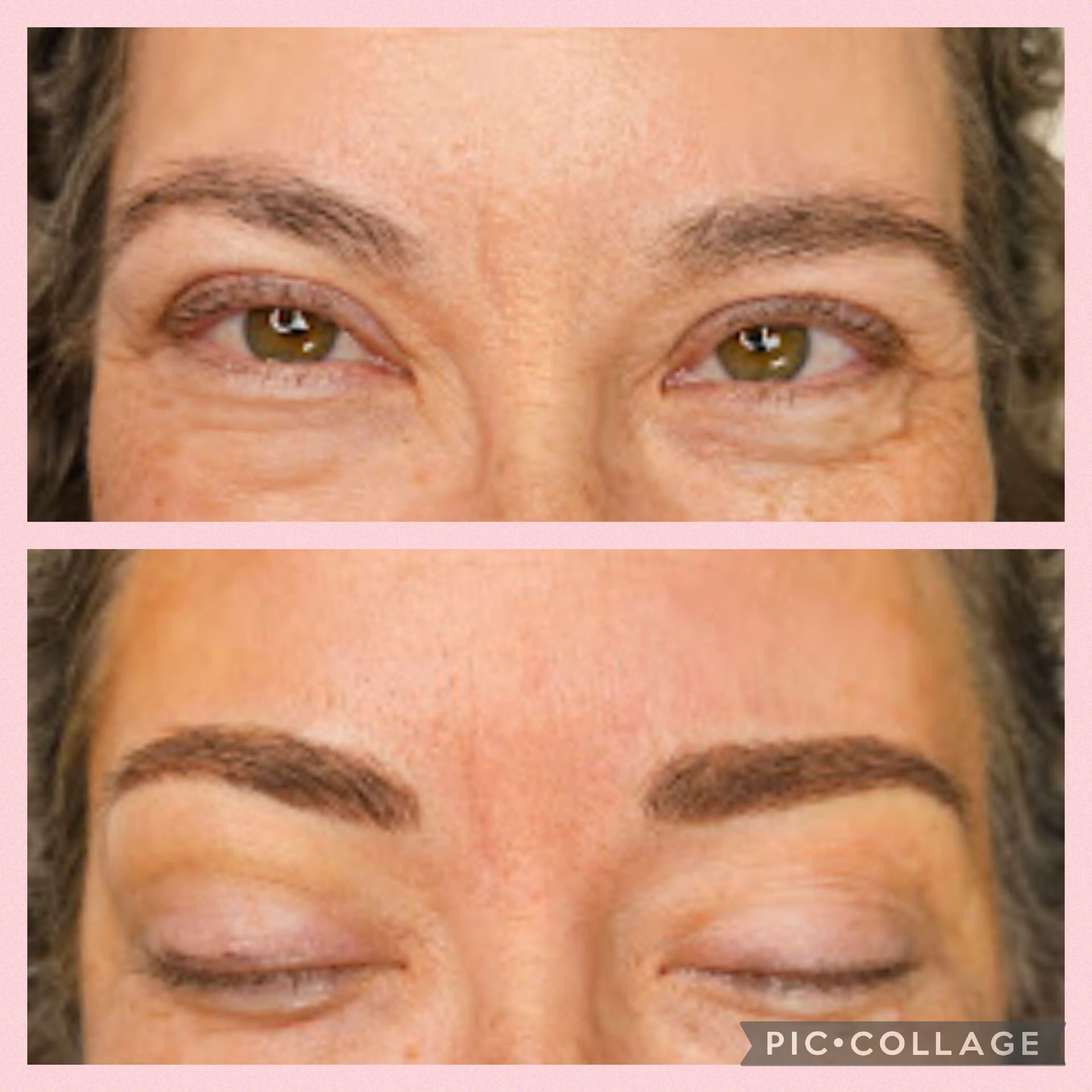 A before and after picture of a woman 's eyebrows.