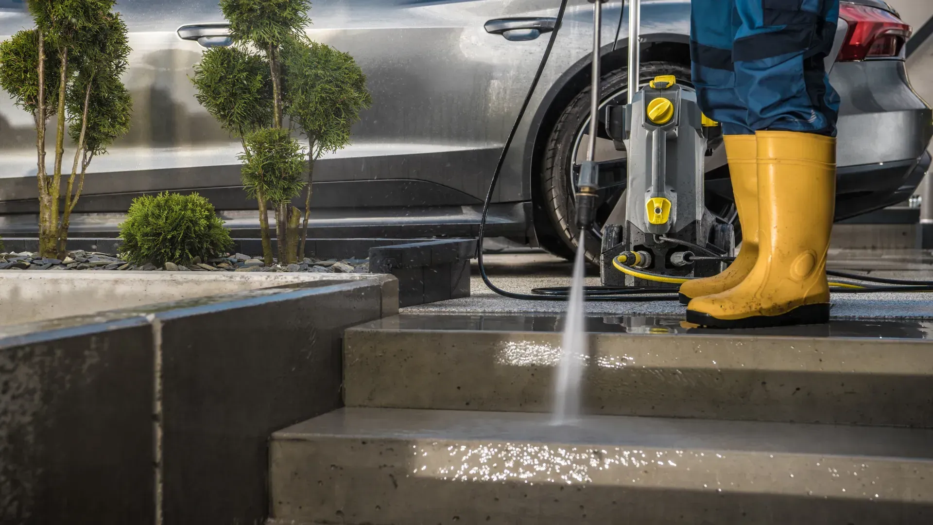 A man in yellow boots is using a high pressure washer to clean steps.