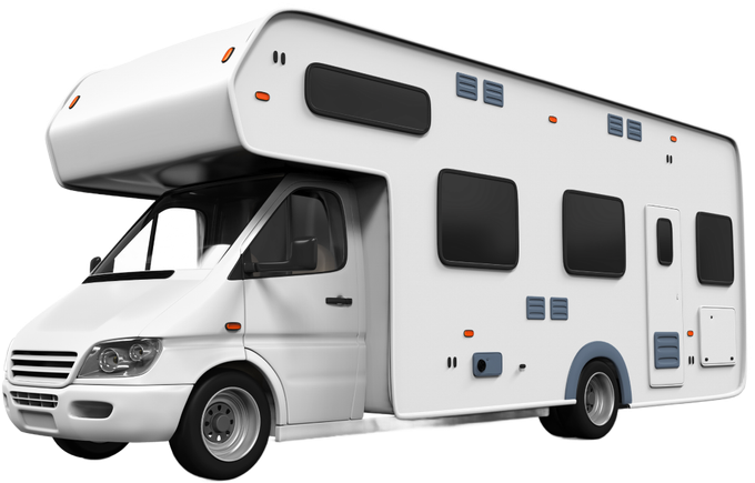 White recreational vehicle (RV) on a clear day, angled slightly left, with dark tinted windows and details in light blue.