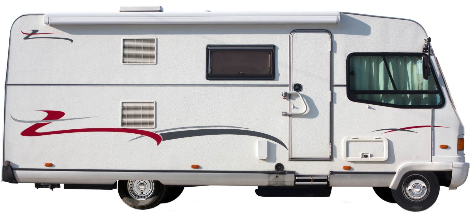 White motorhome with red and gray decorative accents, set against a white background.