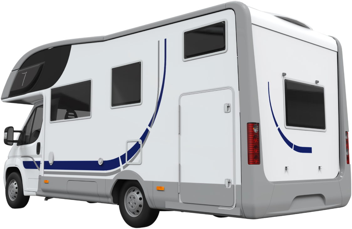White and gray RV with blue accent stripes. Rear view, with windows and door visible.