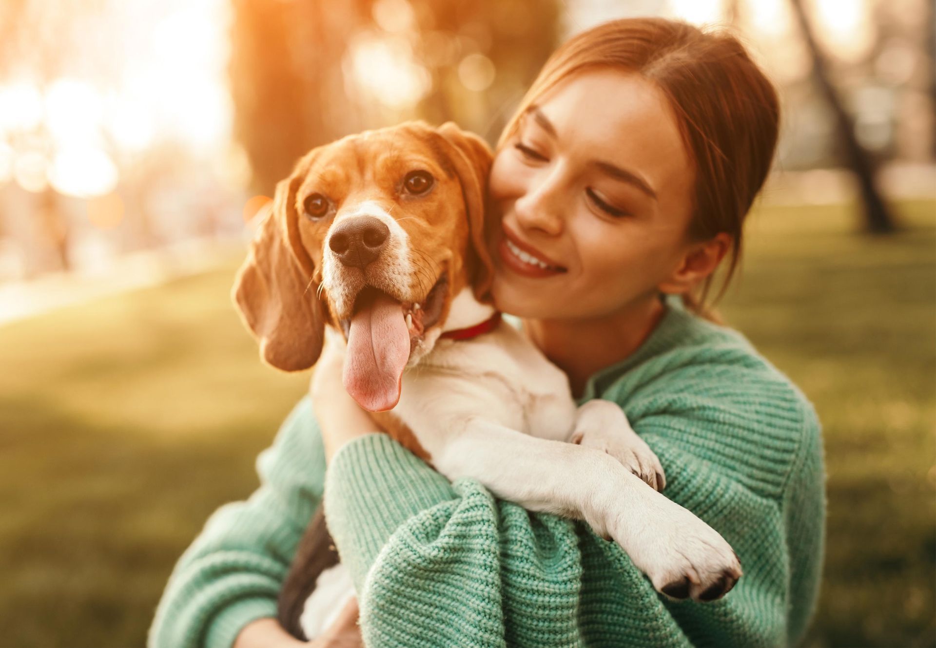 Woman smiling, hugging a beagle dog outdoors, sunny day.