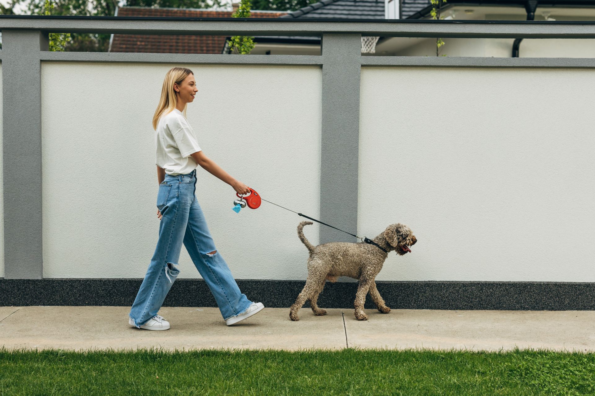 Woman walking a dog on a leash along a sidewalk next to a white wall.
