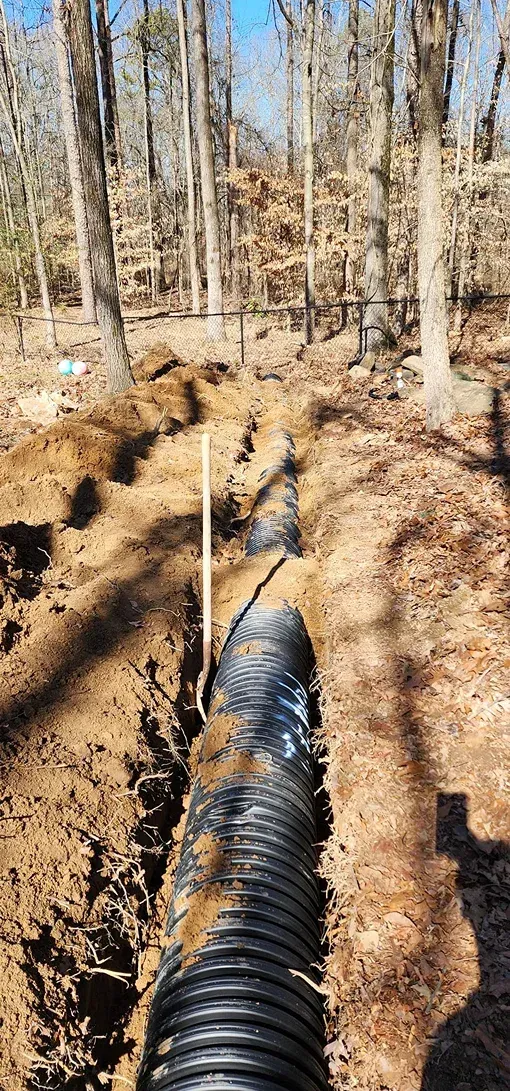 A pipe is being installed in the dirt in the woods.