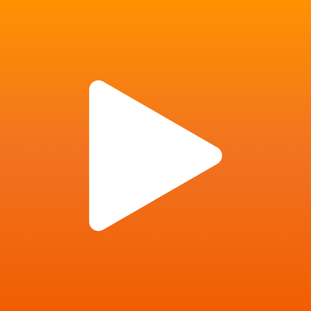 A white play button on an orange background.