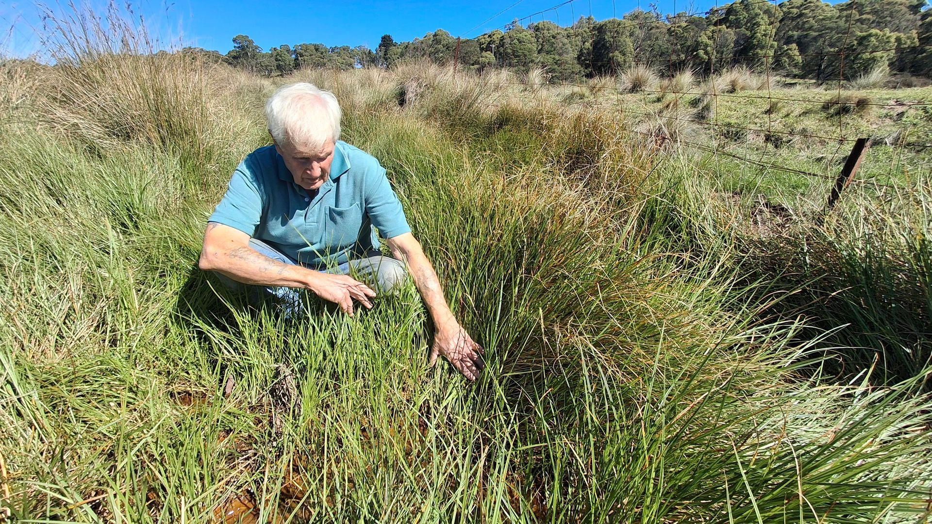 A man is kneeling in the grass in a field.