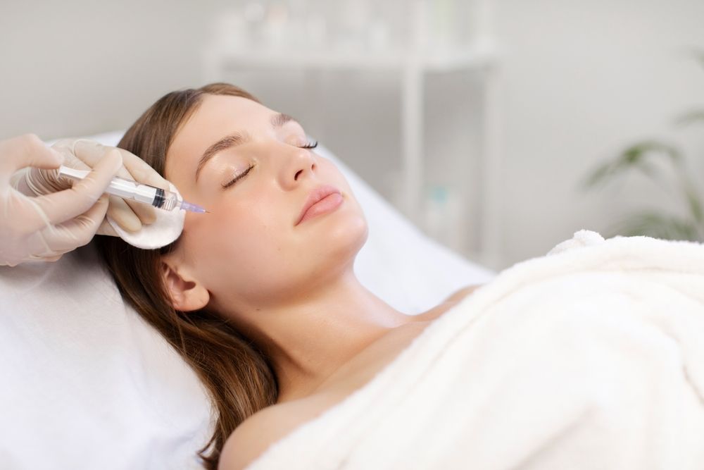 A provider in gloves performs a facial treatment with a microneedling device on a person lying on a clinic table.