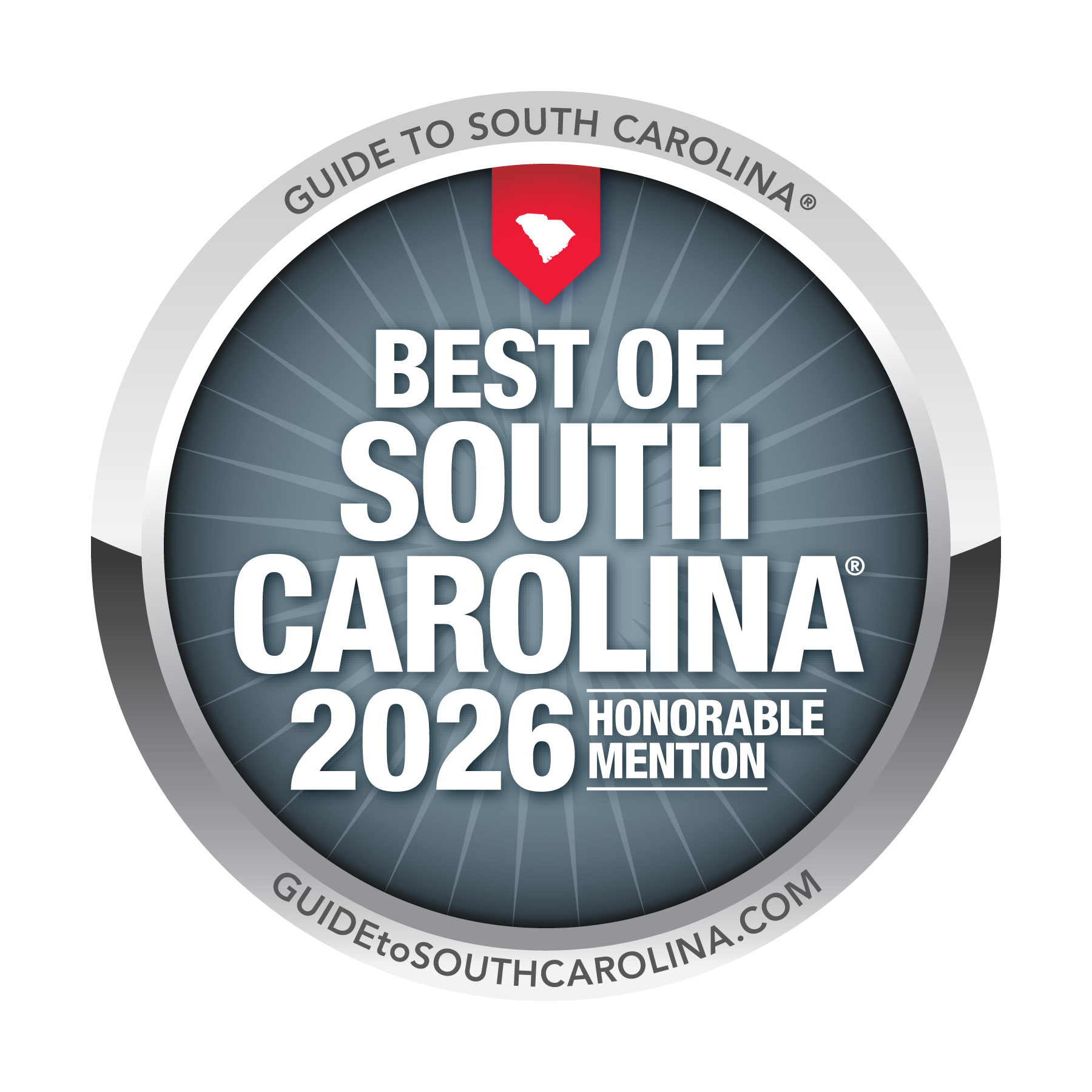 Best of South Carolina 2026 Honorable Mention circular badge with gray and red design
