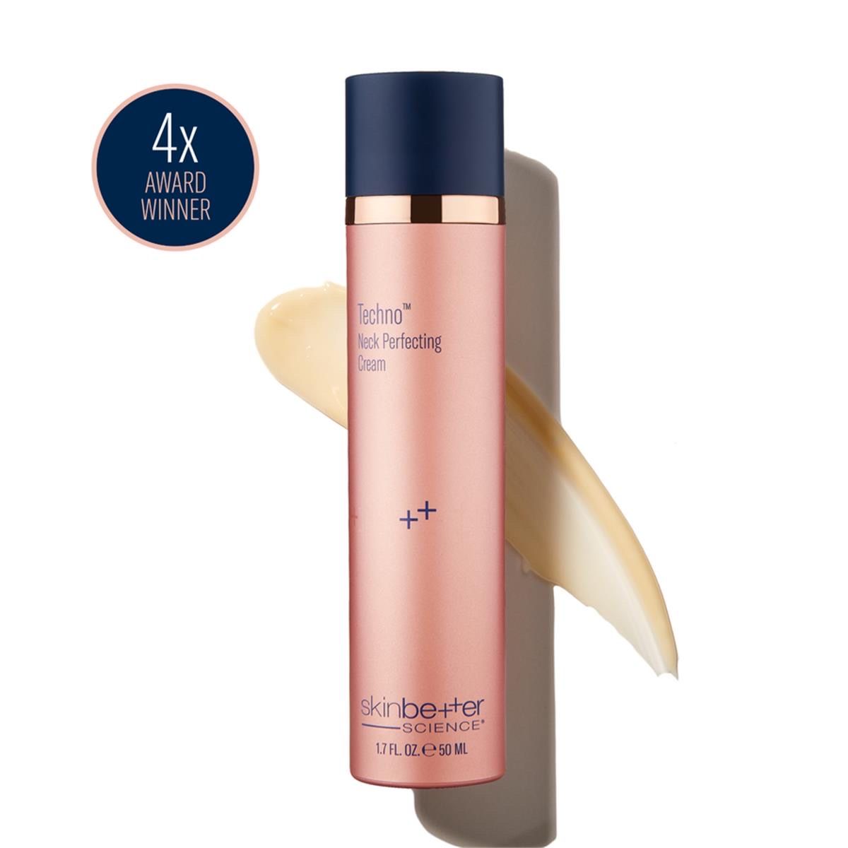 A skincare product with a splash of product; pink, blue and gold. Award winner badge.