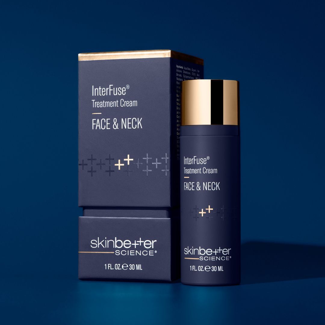 SkinBetter InterFuse Treatment Cream for face and neck, in navy blue packaging with gold accents.