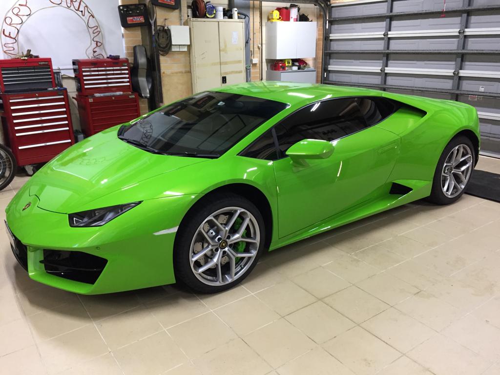 Ceramic tint a green Lamboghini front view