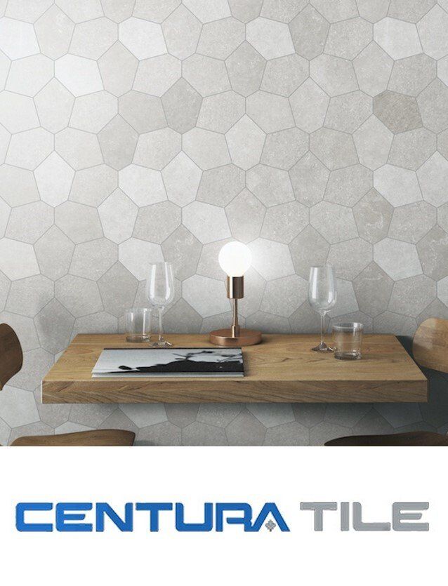 A poster for centura tile with a table and chairs