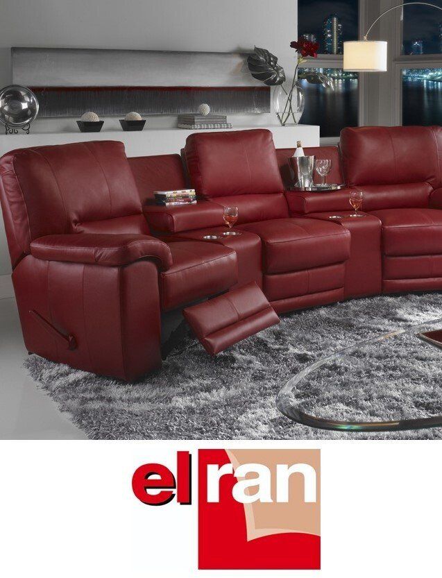 A living room with a red leather sectional couch