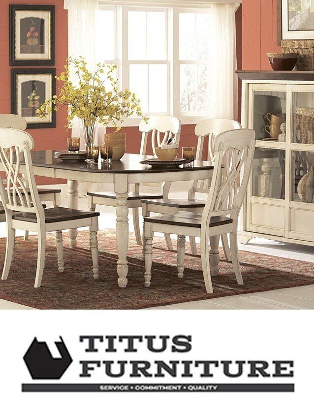 A brochure for titus furniture shows a dining room table and chairs