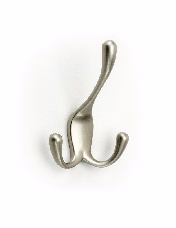 A stainless steel coat hook on a white background.