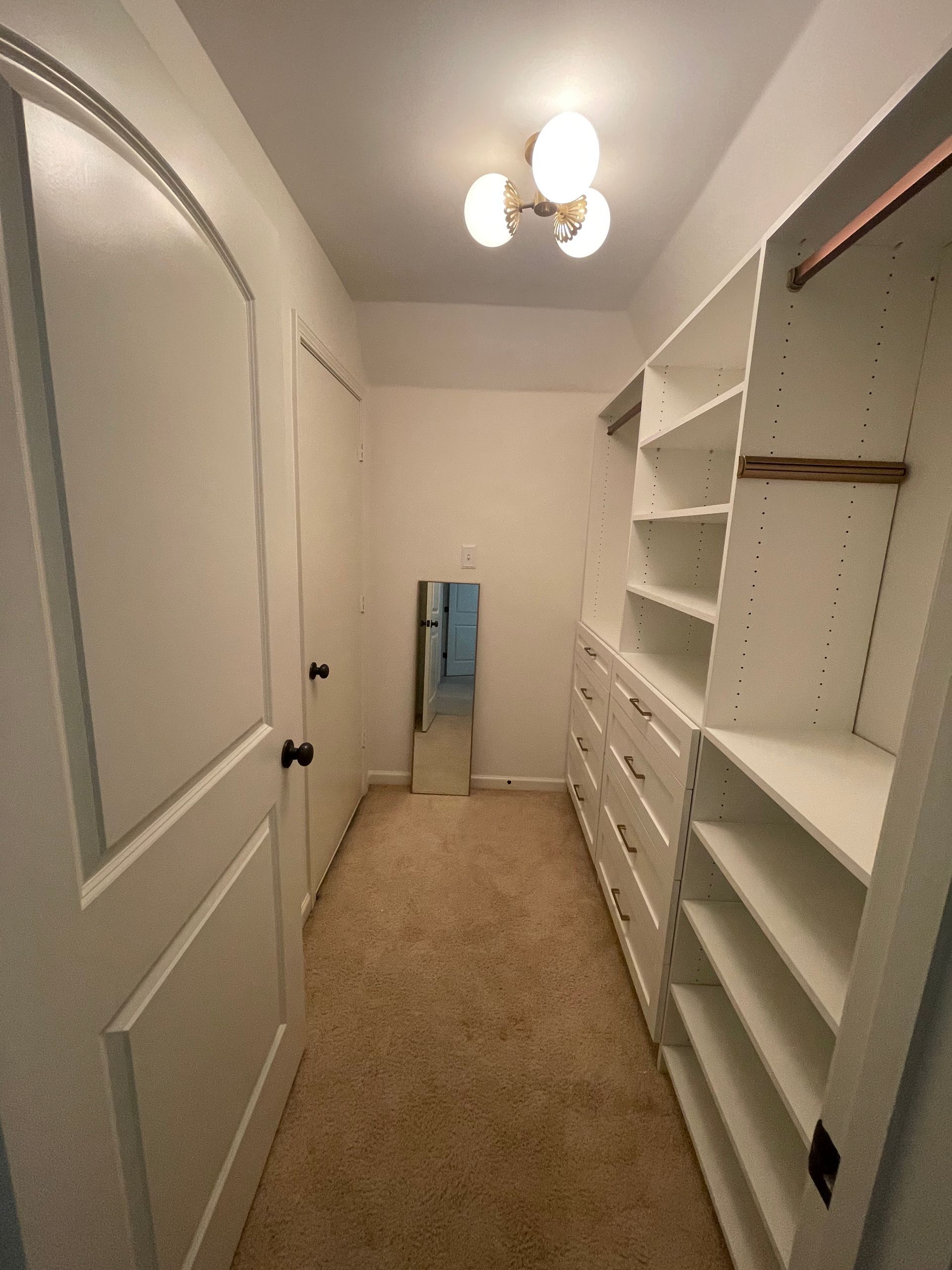 Walk-in closet with white shelves and drawers, beige carpet, and a full-length mirror. A door is on the left.