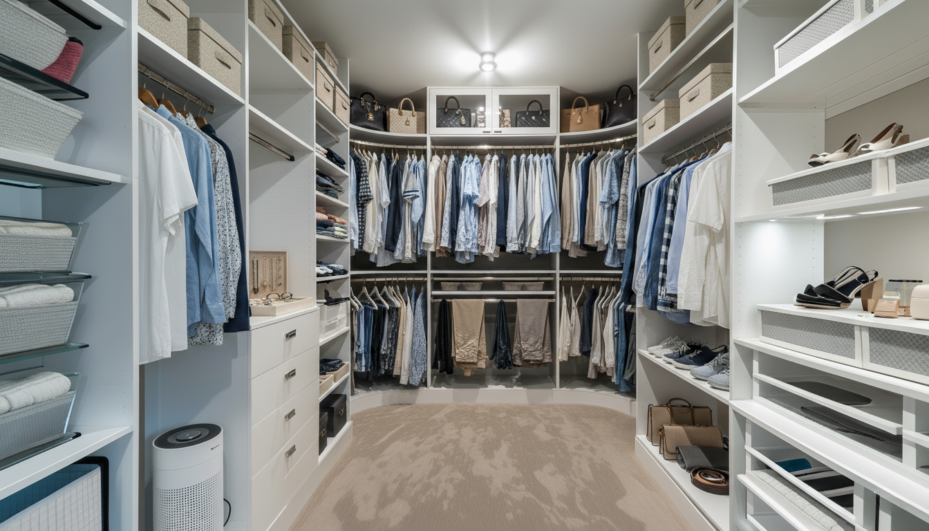 Walk-in closet with white shelves, rods, and drawers; beige carpet; and neutral-colored clothes.