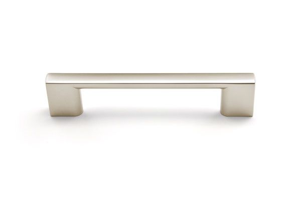 A stainless steel cabinet handle on a white background.