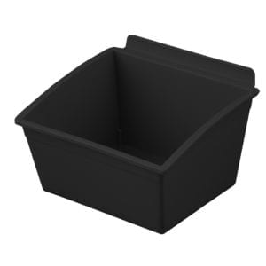 A black plastic container is sitting on a white surface.