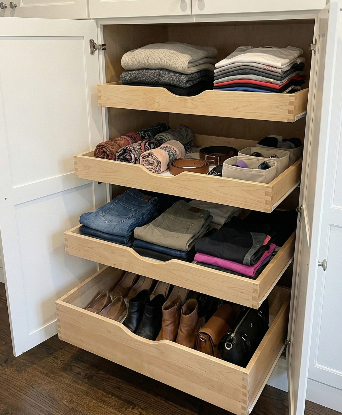 Cabinet with pull-out drawers filled with folded clothes, shoes, and accessories in a light-colored wood.
