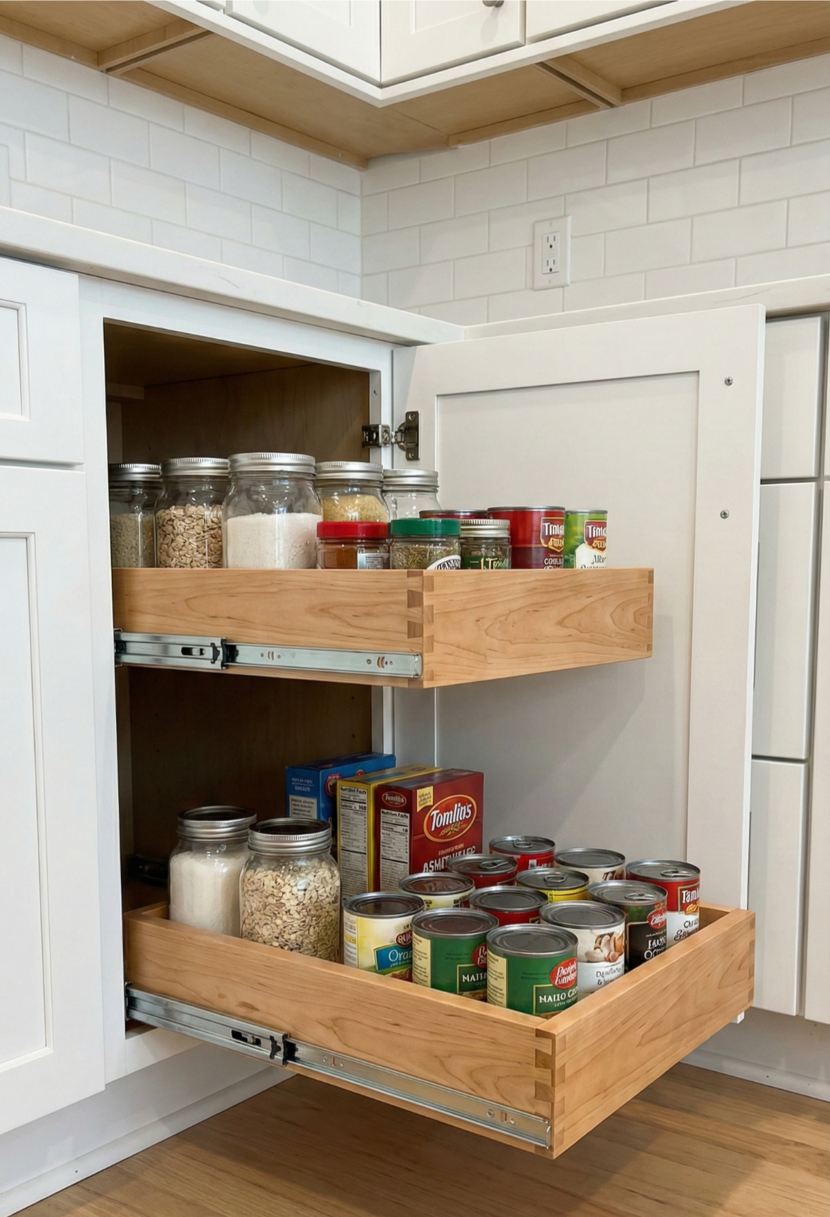 White cabinet with pull-out drawers holding jars, cans, and packaged foods; kitchen setting.