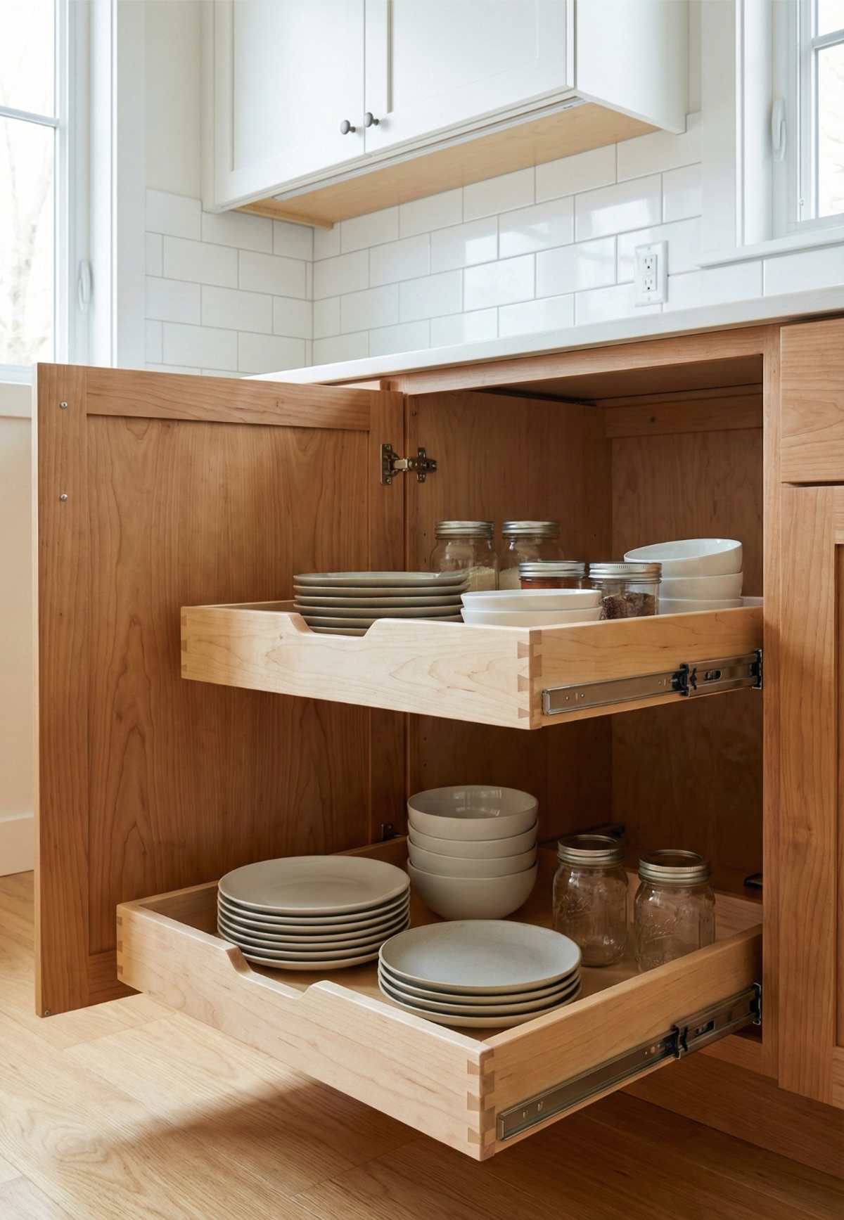 Wooden kitchen cabinet with pull-out shelves holding dishes, in a light-filled room.