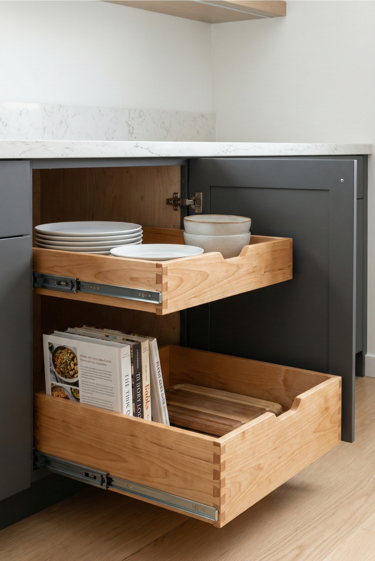 Gray kitchen cabinet with pull-out wooden shelves holding dishes, bowls, and cookbooks.