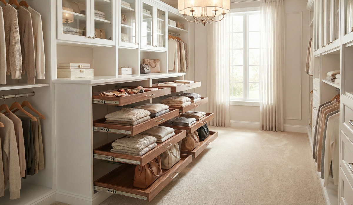 Walk-in closet with organized clothing on shelves and hanging rods; light wood, white walls, natural light.