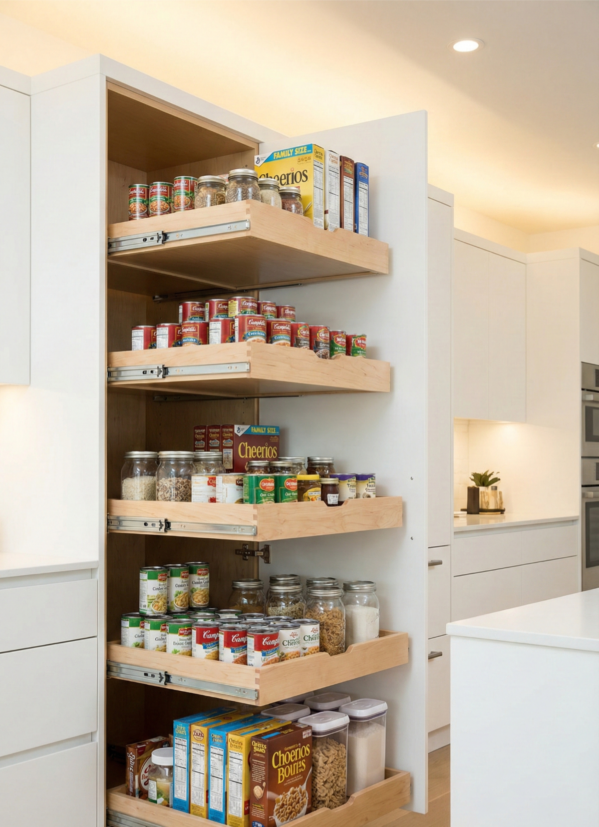 Pull-out pantry shelves in a white kitchen, filled with canned goods, jars, and boxed foods.