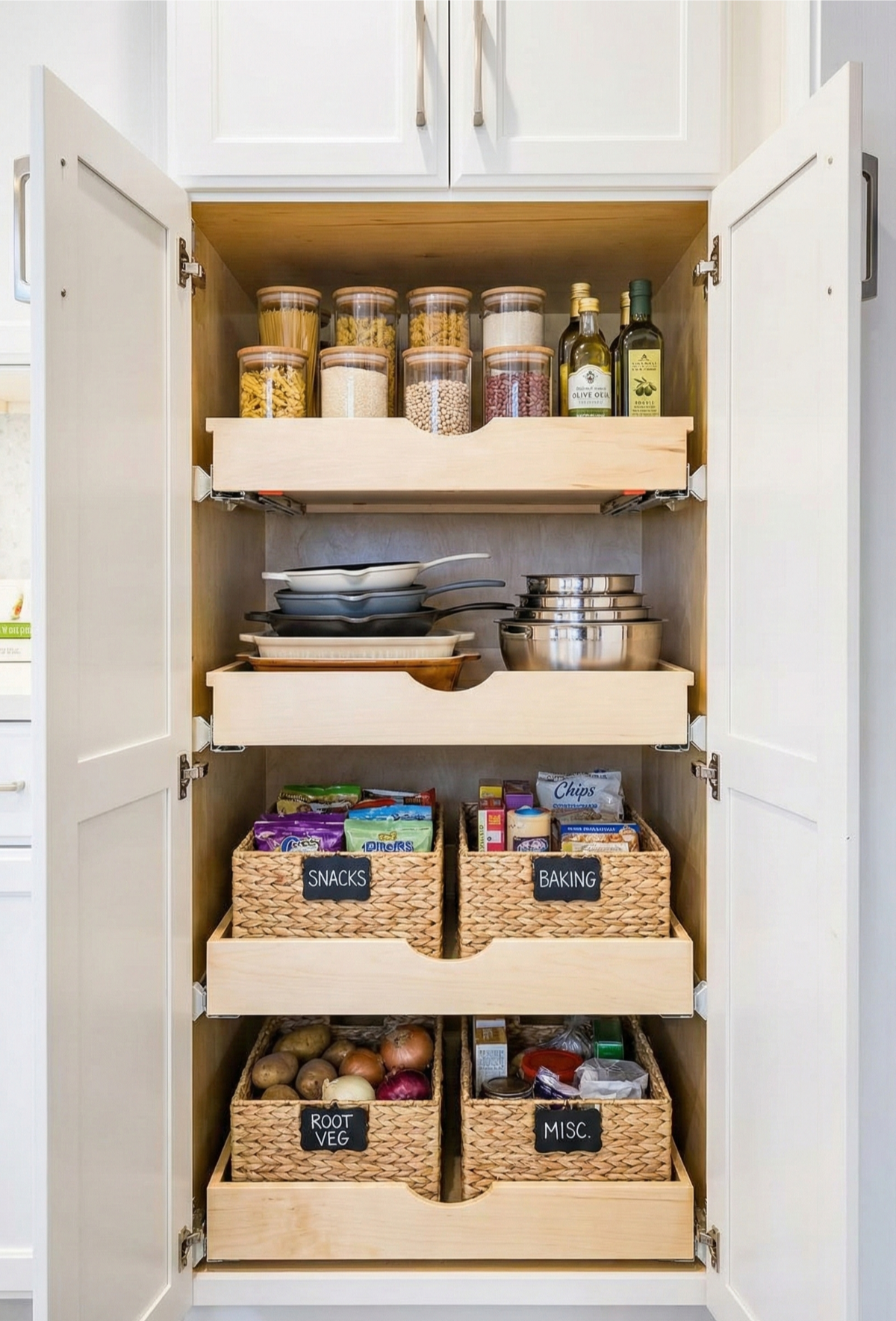 White pantry cabinet with pull-out drawers filled with jars, cookware, and baskets of food.