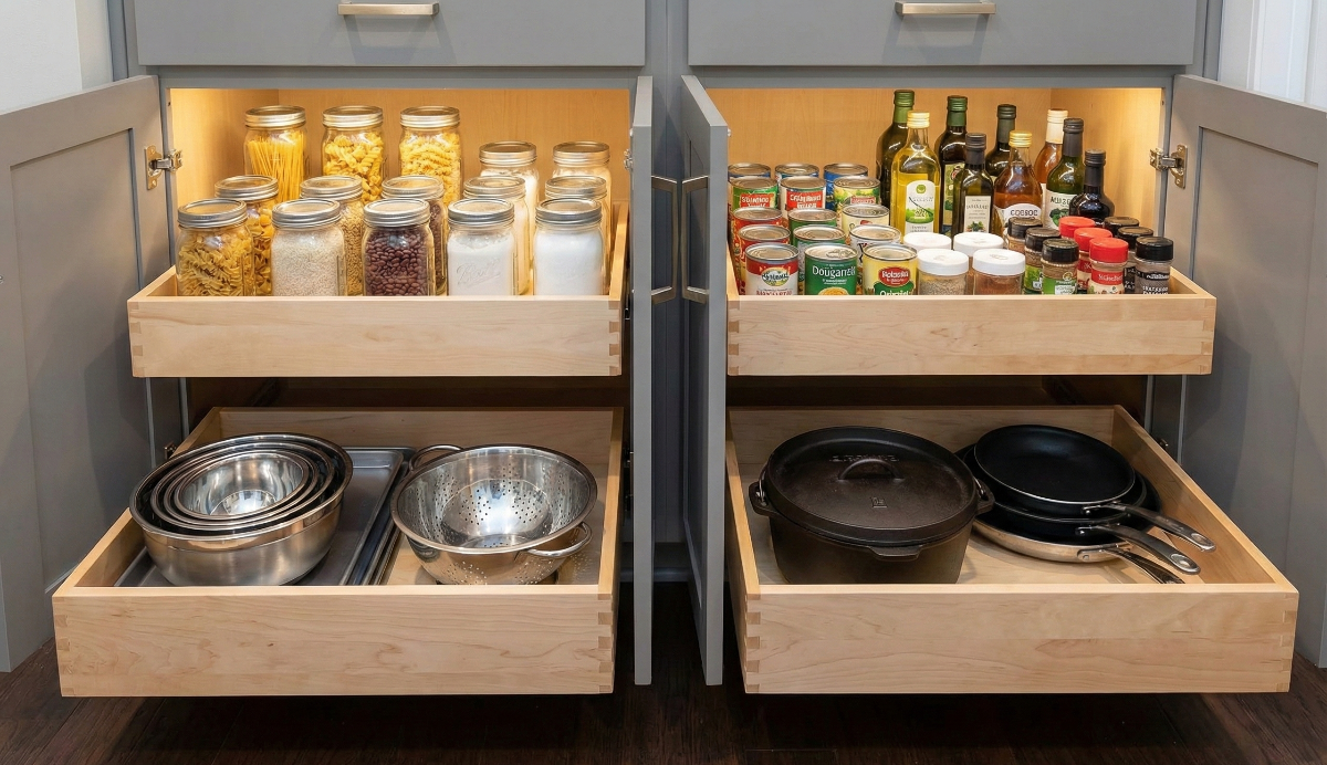 Kitchen cabinets with pull-out drawers, organized with food jars, spices, and cookware, lit by cabinet lights.