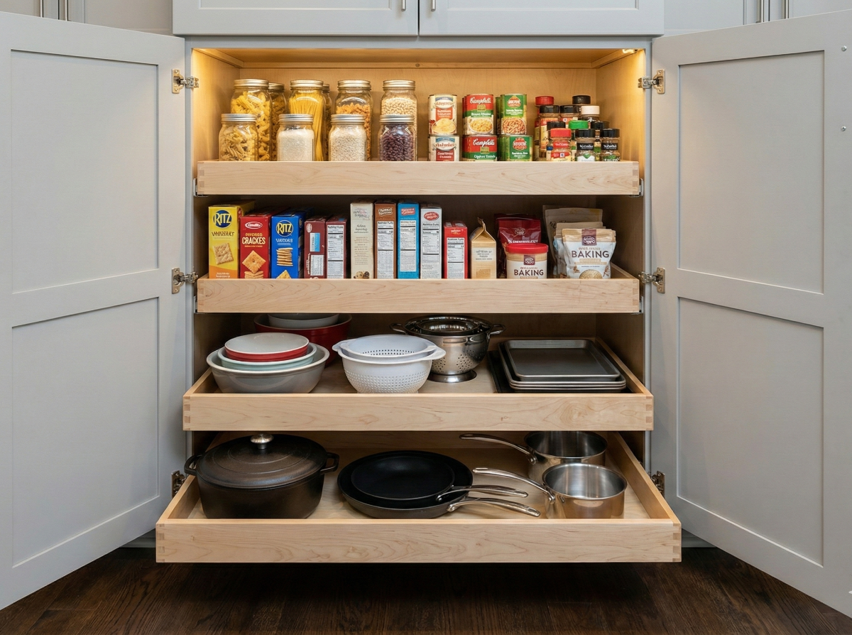 Cabinet pantry with pull-out shelves holding food items, cookware, and spices; lit with warm lights.