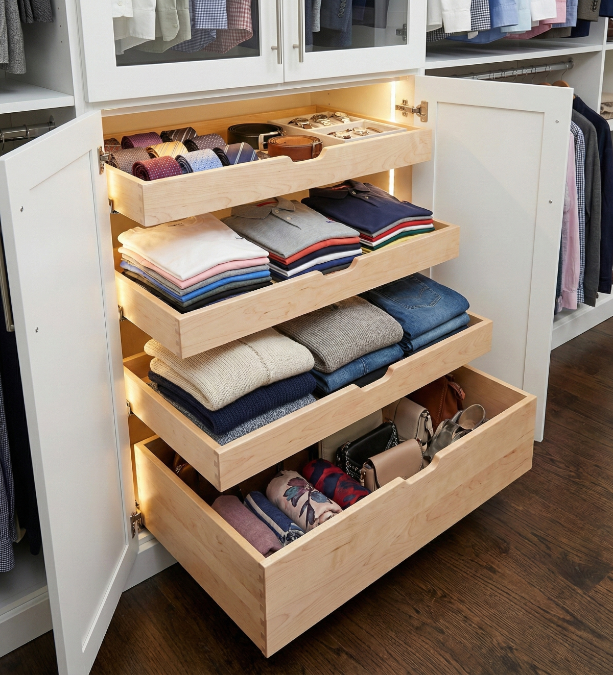 A custom closet with pull-out drawers, lit, holding folded clothes, ties, and accessories, against a white cabinet.