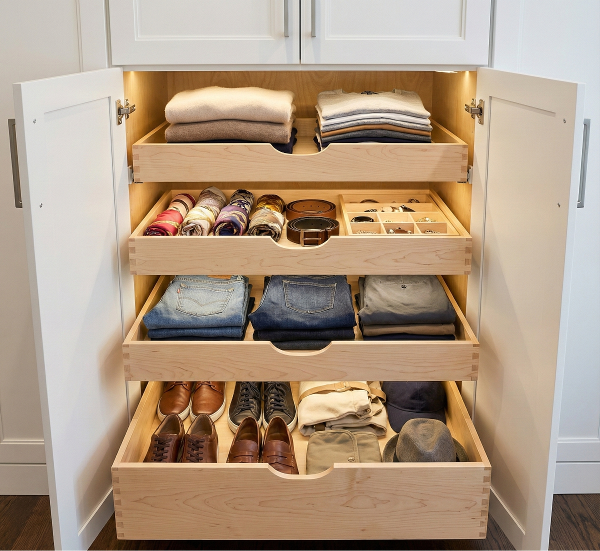 Open cabinet with pull-out drawers. Drawers contain folded clothes, shoes, and accessories; illuminated by warm lighting.