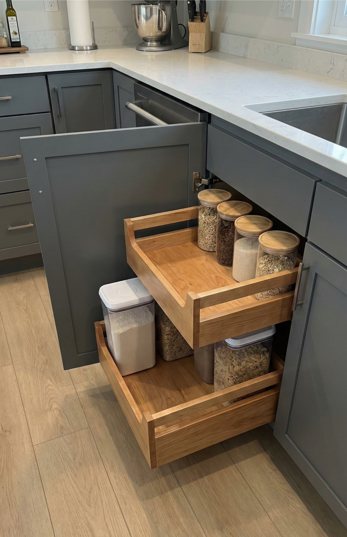 Pull-out kitchen cabinet with two wooden shelves holding jars and containers, next to a sink. Gray cabinets, light floor.