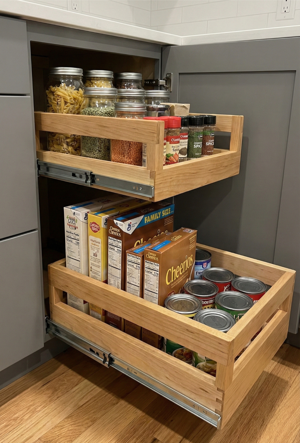 Pull-out wooden kitchen cabinet drawers with spices, jars, and cereal boxes. Gray cabinet, wood floor.