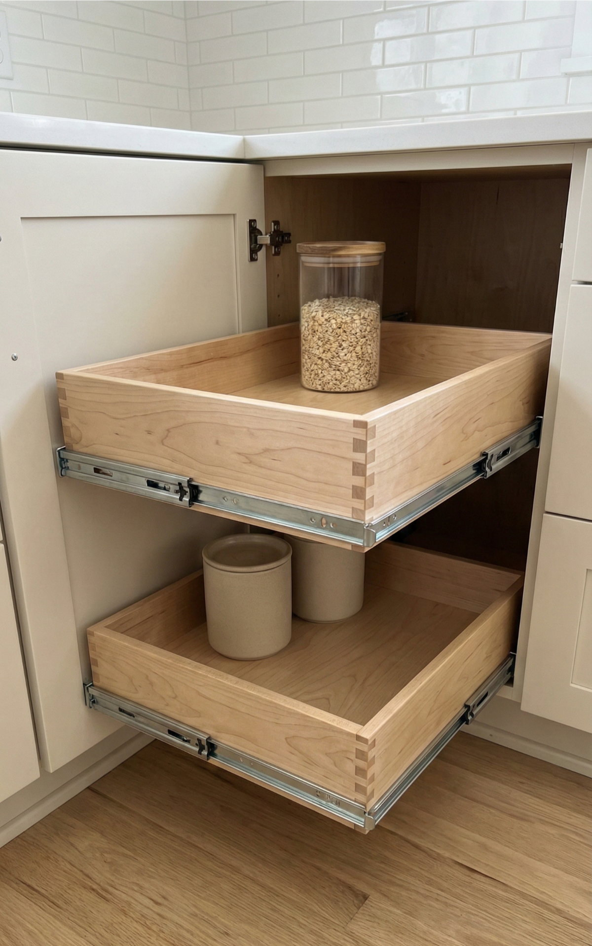 Two pull-out wooden shelves inside a white cabinet, holding a jar and ceramic containers.