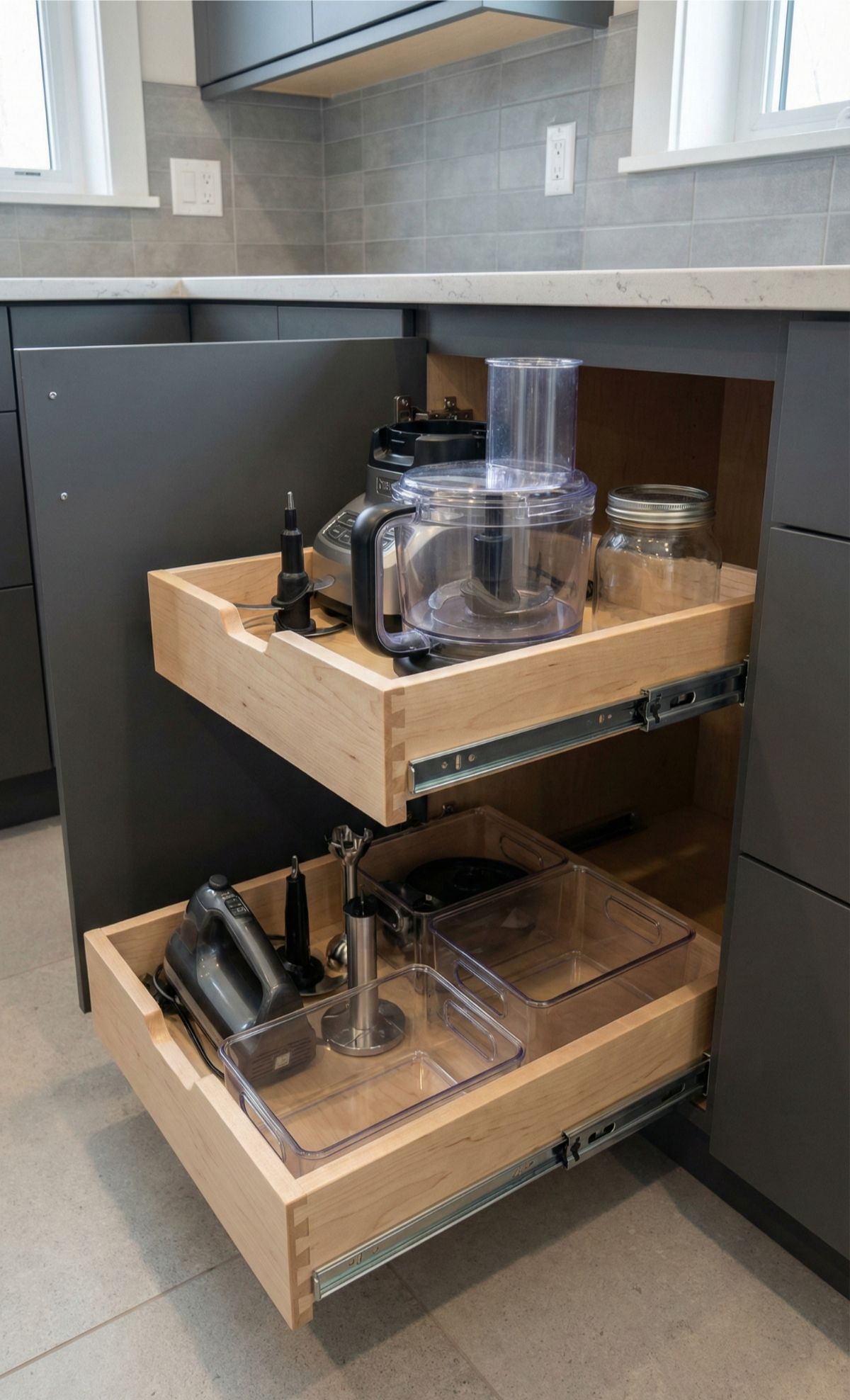Two-tier pull-out cabinet drawer holding kitchen appliances, light wood drawer with dark gray cabinet, countertop.