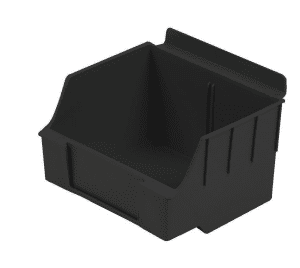 A black plastic bin with a white background