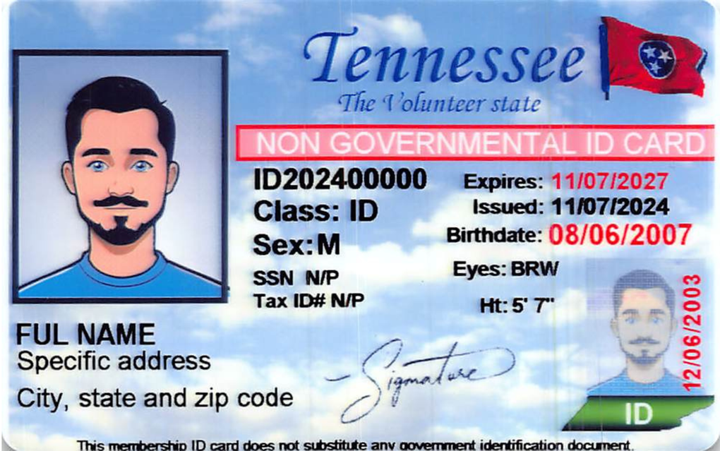 A tennessee non governmental id card with a picture of a man