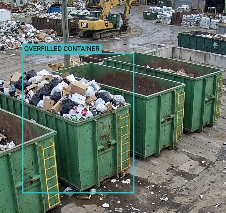 A row of green dumpsters with stairs and a red circle that says northern nil