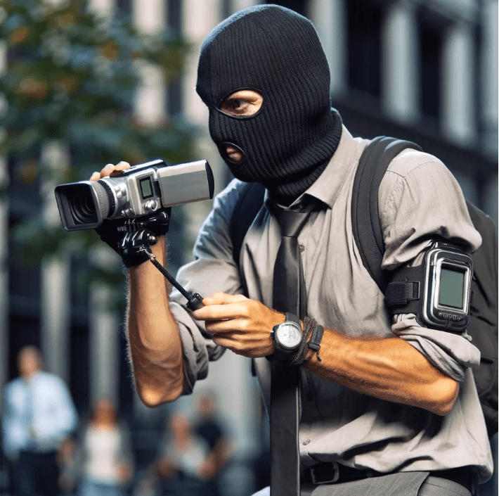 A man wearing a mask is holding a video camera