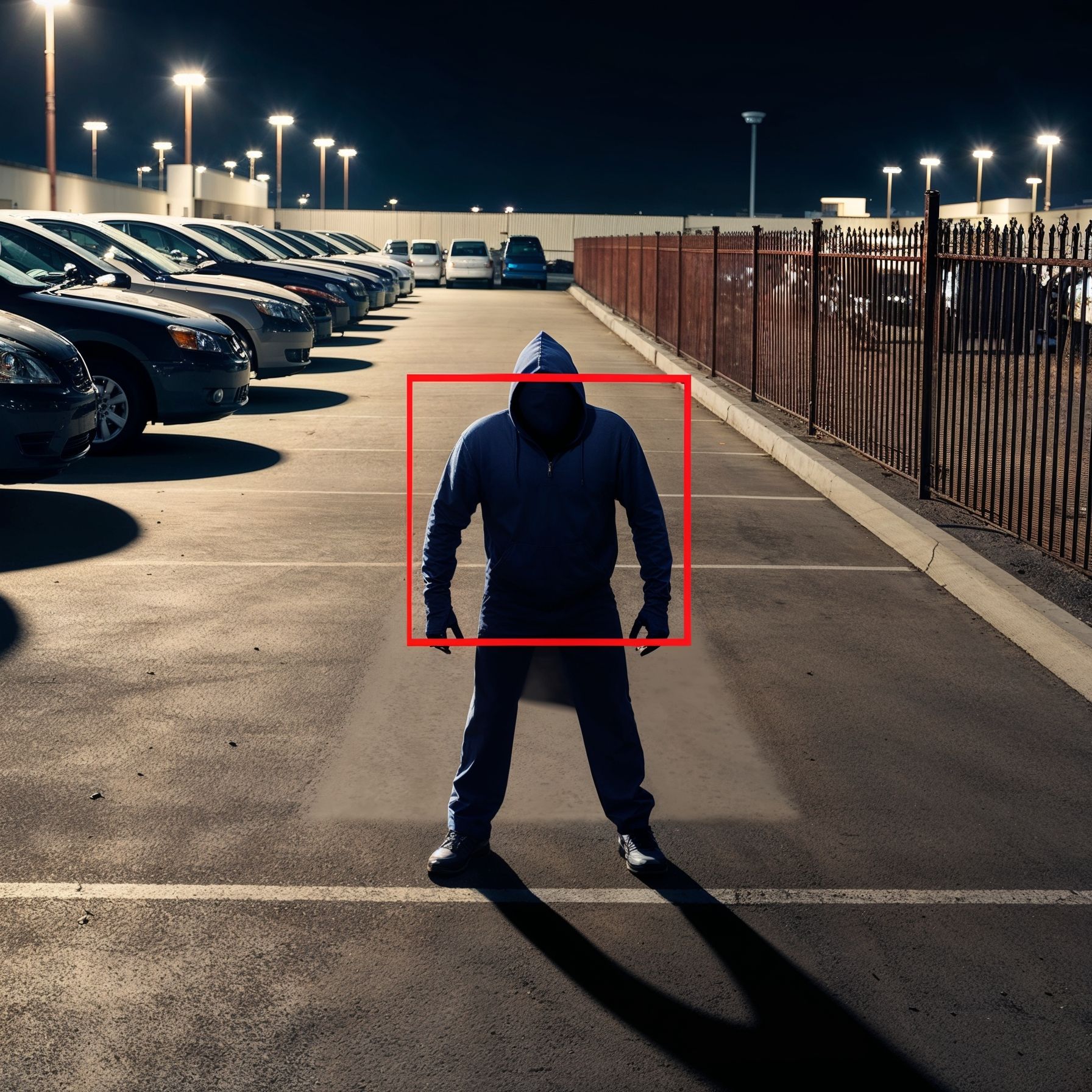 A man in a blue hoodie is standing in a parking lot