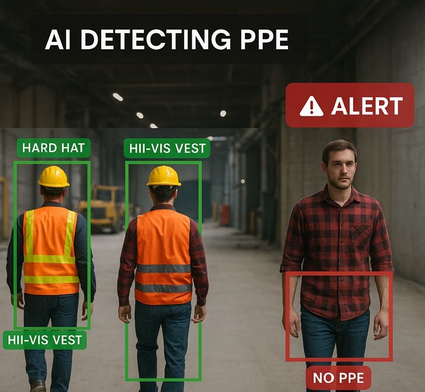 A man wearing a hard hat and safety vest is walking in a warehouse
