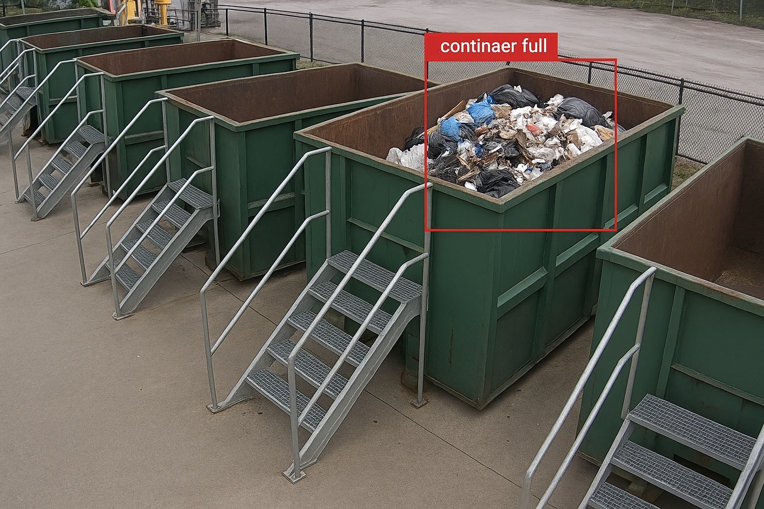 A row of green dumpsters with stairs and a red circle that says northern nil