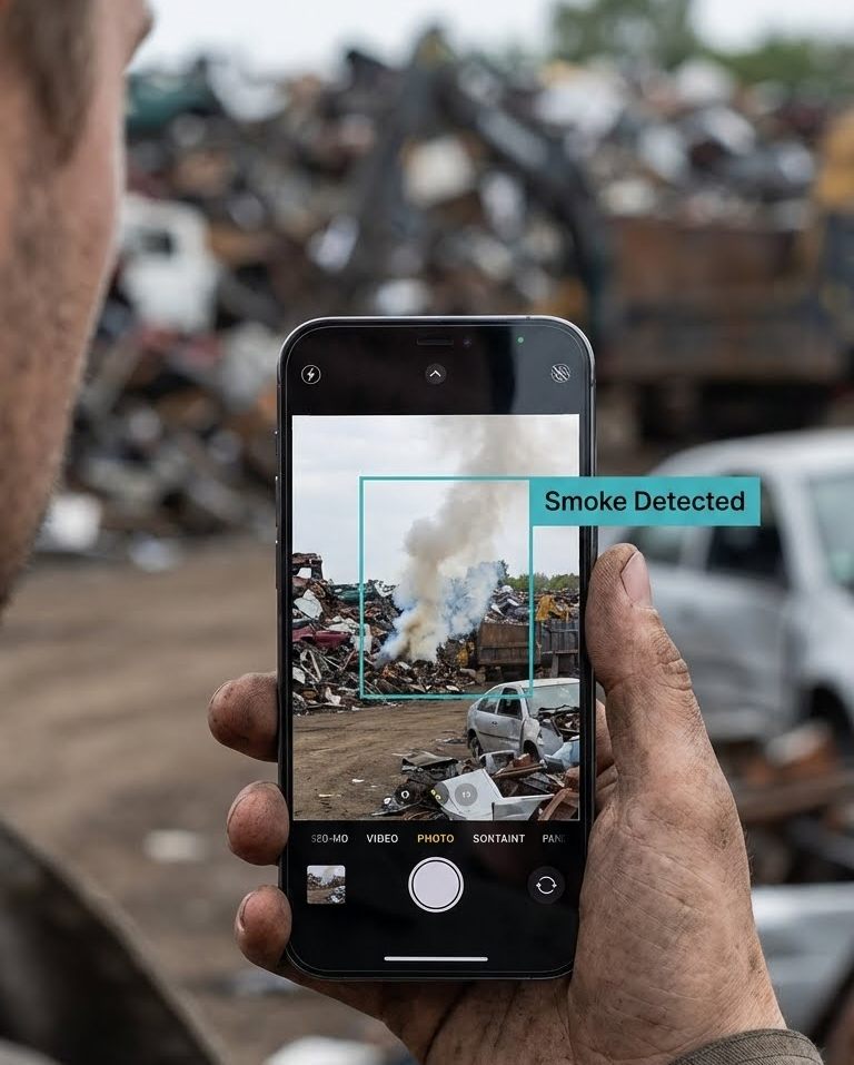 A man is holding a cell phone in front of a pile of scrap metal.