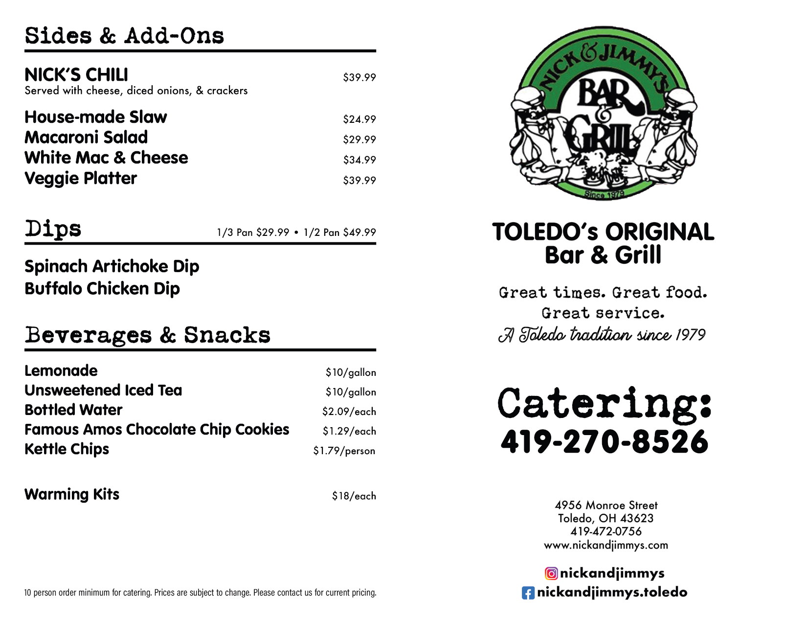 Nick and Jimmy's Catering Brochure, Side 1 - Toledo, Ohio