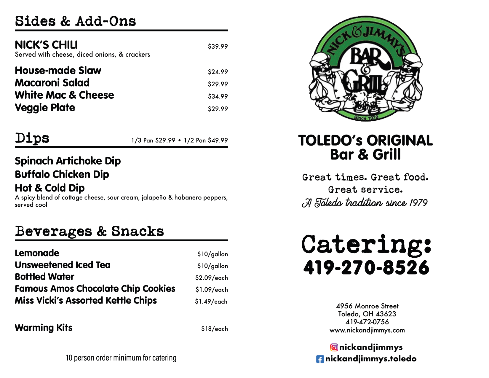 Catering Menu {Nick & Jimmy's Bar & Grill} Toledo, Ohio