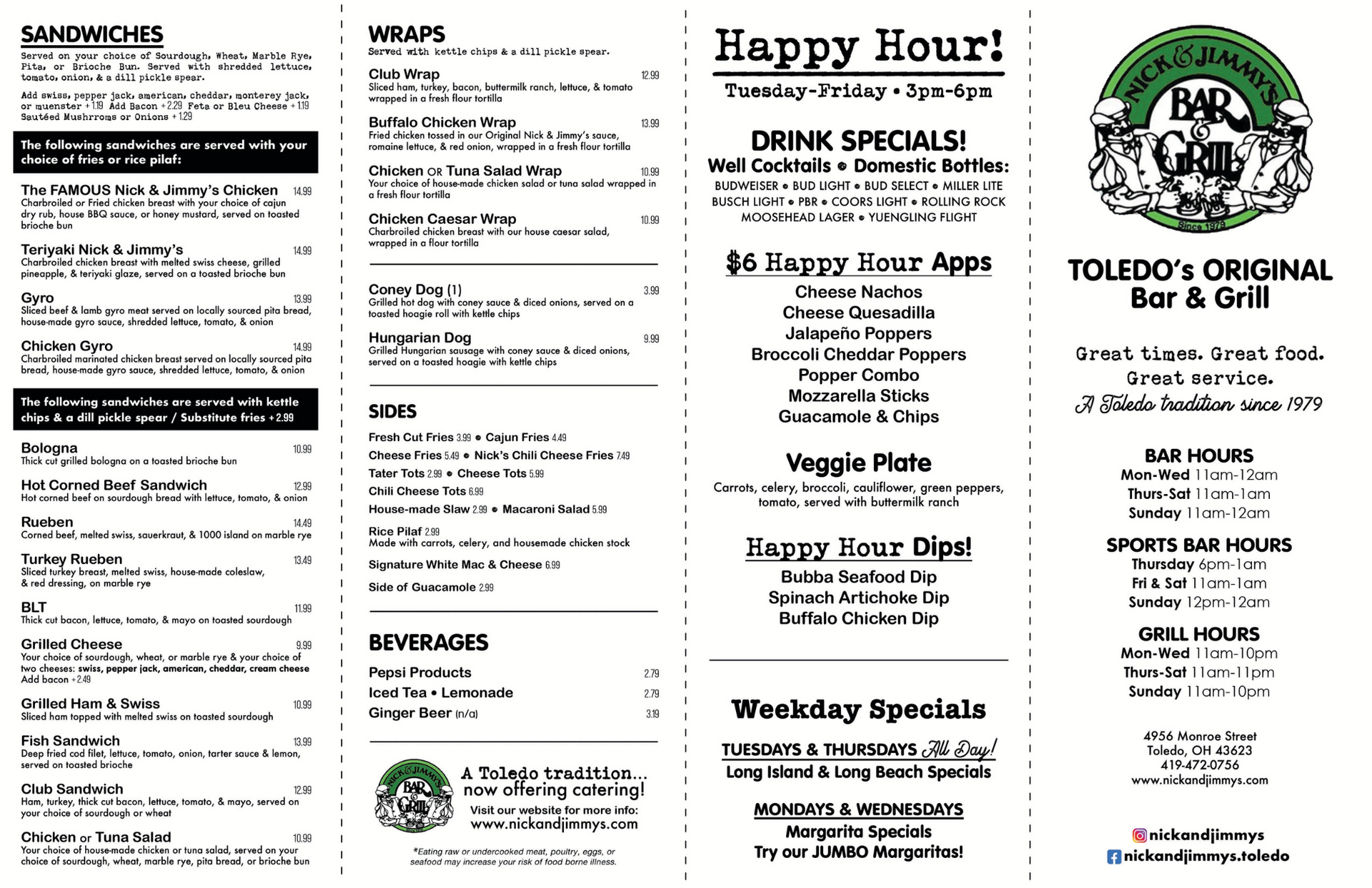 Nick & Jimmy's Menu - Side 1  - Toledo, Ohio